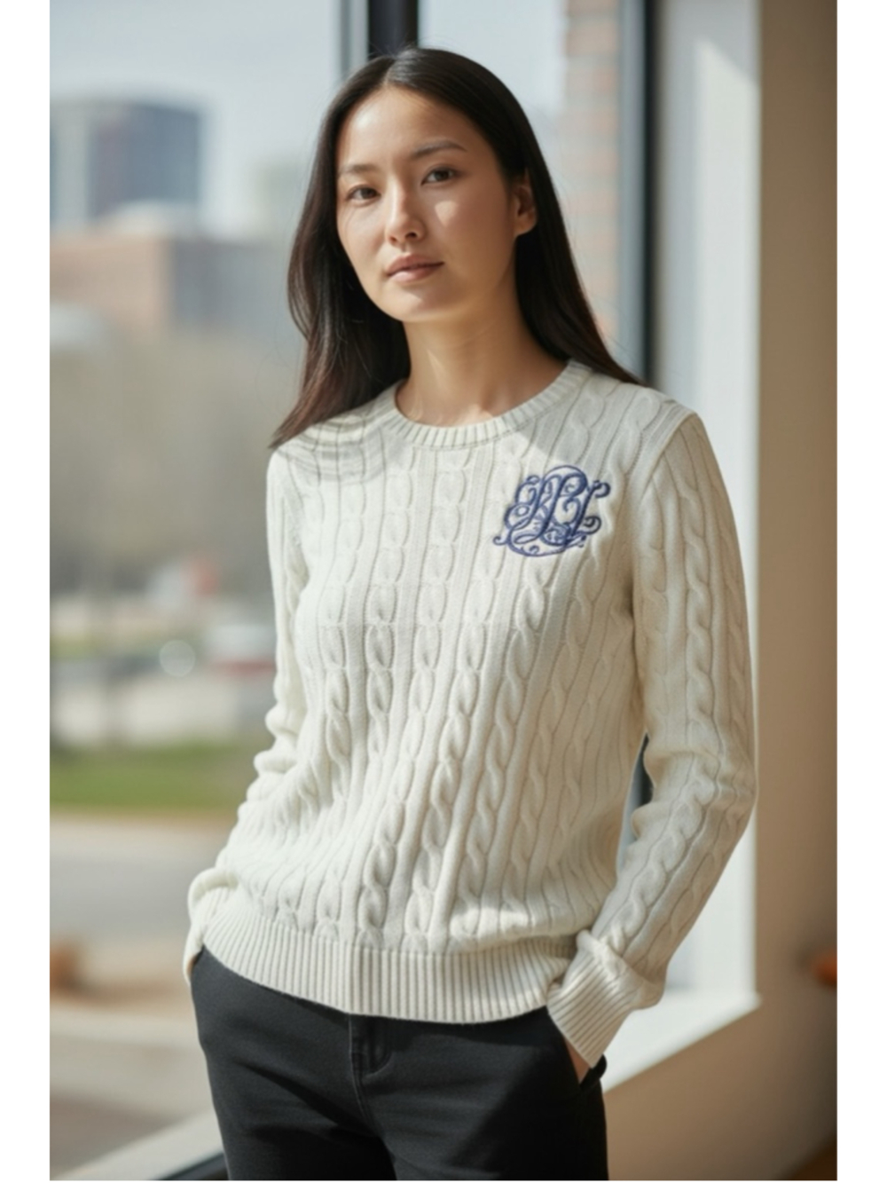 LAUREN Ralph Lauren White Cable Knit Crew Neck Sweater Spring Summer M